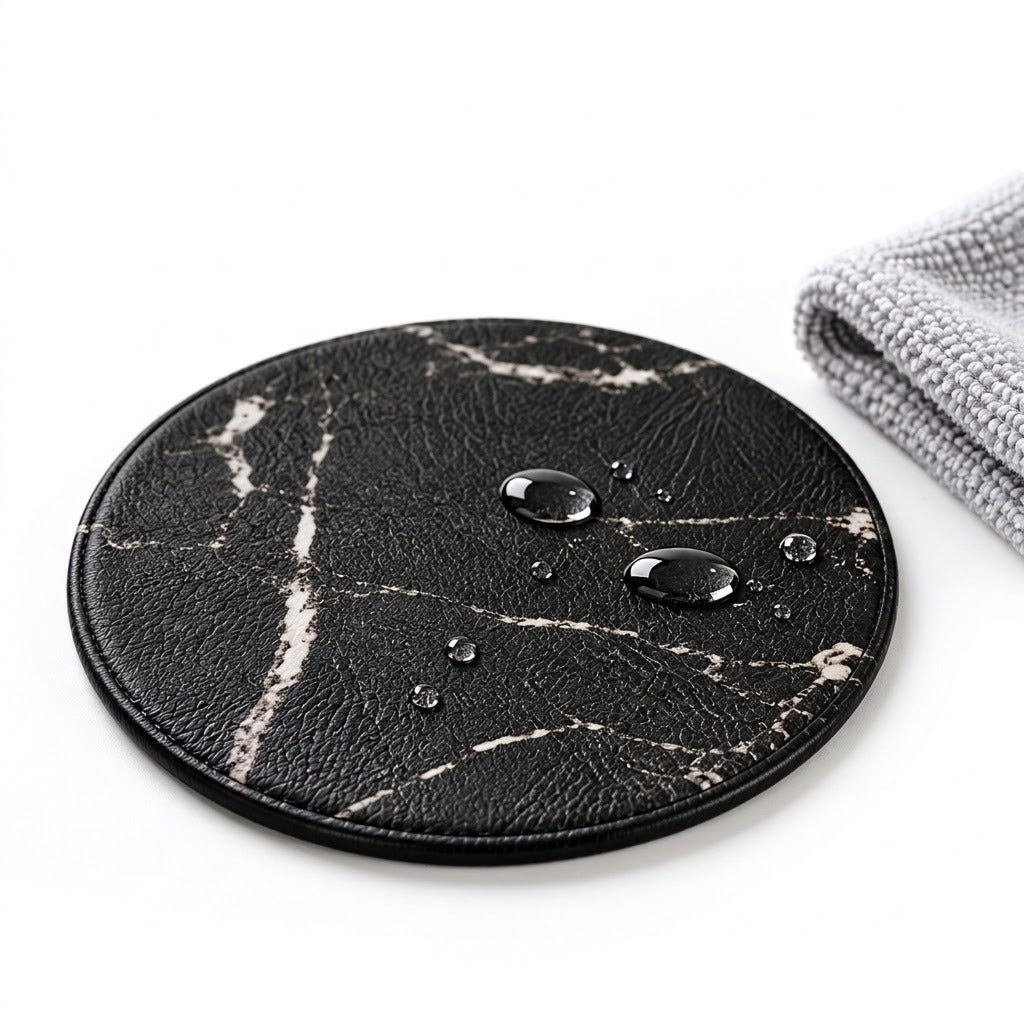 A round black faux-leather coaster with a white marble pattern, shown on a white background with water droplets on its surface and a folded gray cloth in the corner.