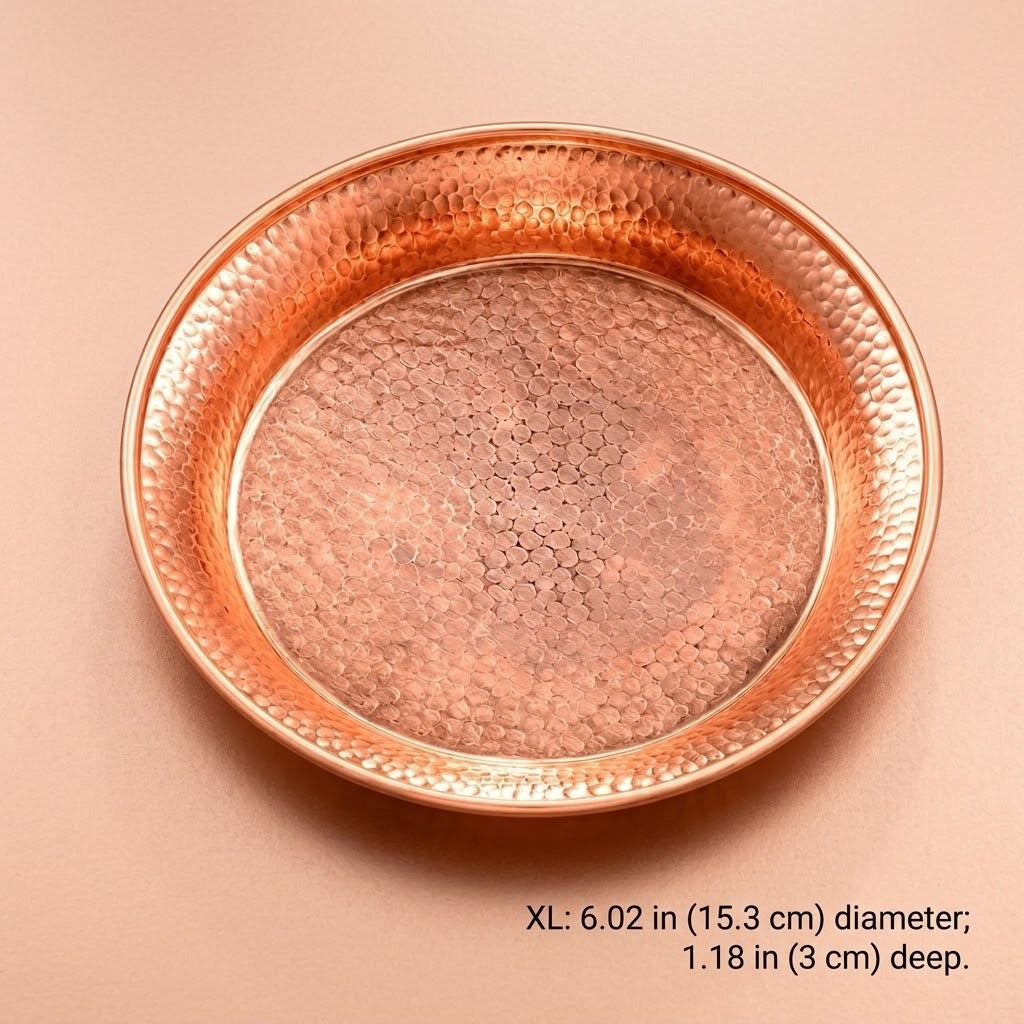 A hammered copper-colored metal tray with a textured finish, shown from a top-down view on a matching beige background with size text in the lower right corner.
