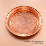 A hammered copper-colored metal tray with a textured finish, shown from a top-down view on a matching beige background with size text in the lower right corner.