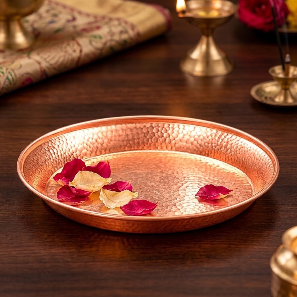A hammered copper tray with a warm metallic finish, styled on a dark wooden table with scattered rose petals. The background features softly blurred traditional brass lamps and a patterned textile.
