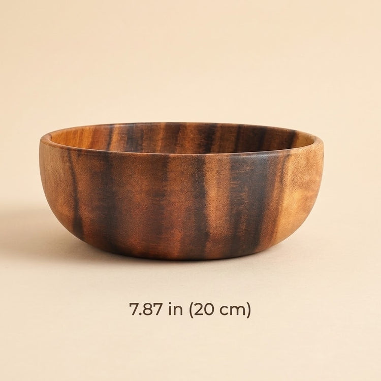 A round wooden bowl with a rich brown and black striped wood grain pattern, shown on a light beige background with a size label reading '7.87 in (20 cm)'.
