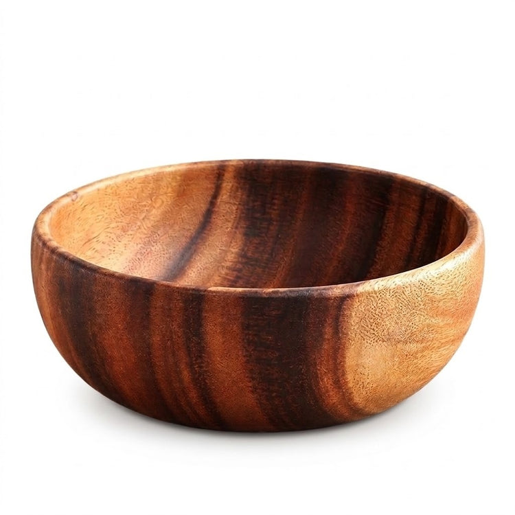 A round wooden bowl with a rich, polished wood grain pattern in shades of brown and amber, shown on a clean white background.