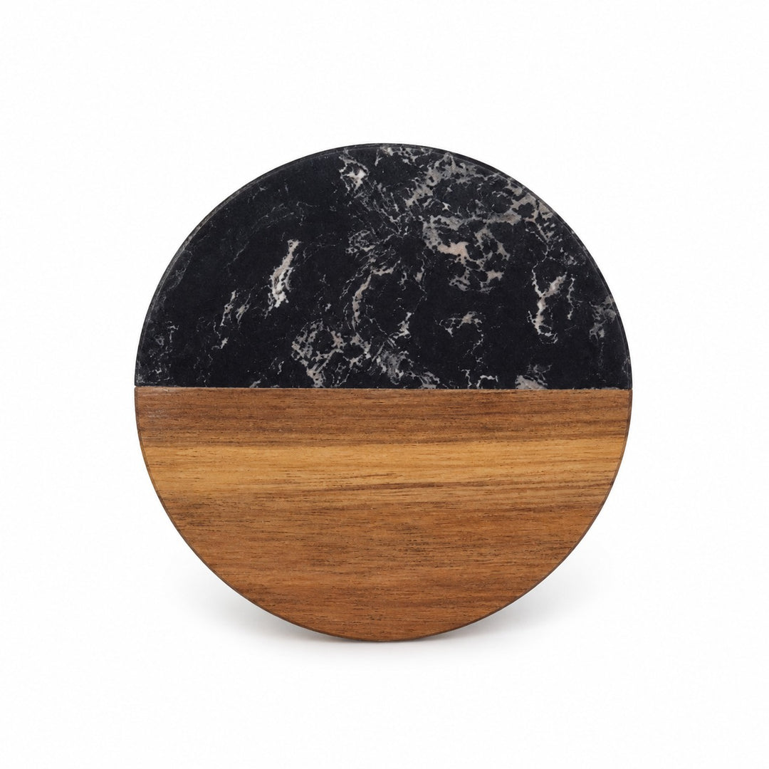 Round serving platter with a black marble top half and a warm brown wood grain bottom half, shown on a plain white background.