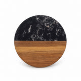 Round serving platter with a black marble top half and a warm brown wood grain bottom half, shown on a plain white background.