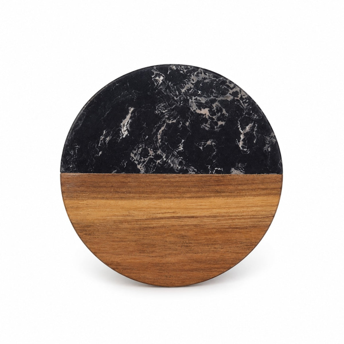 Round serving platter with a black marble top half and a warm brown wood grain bottom half, shown on a plain white background.