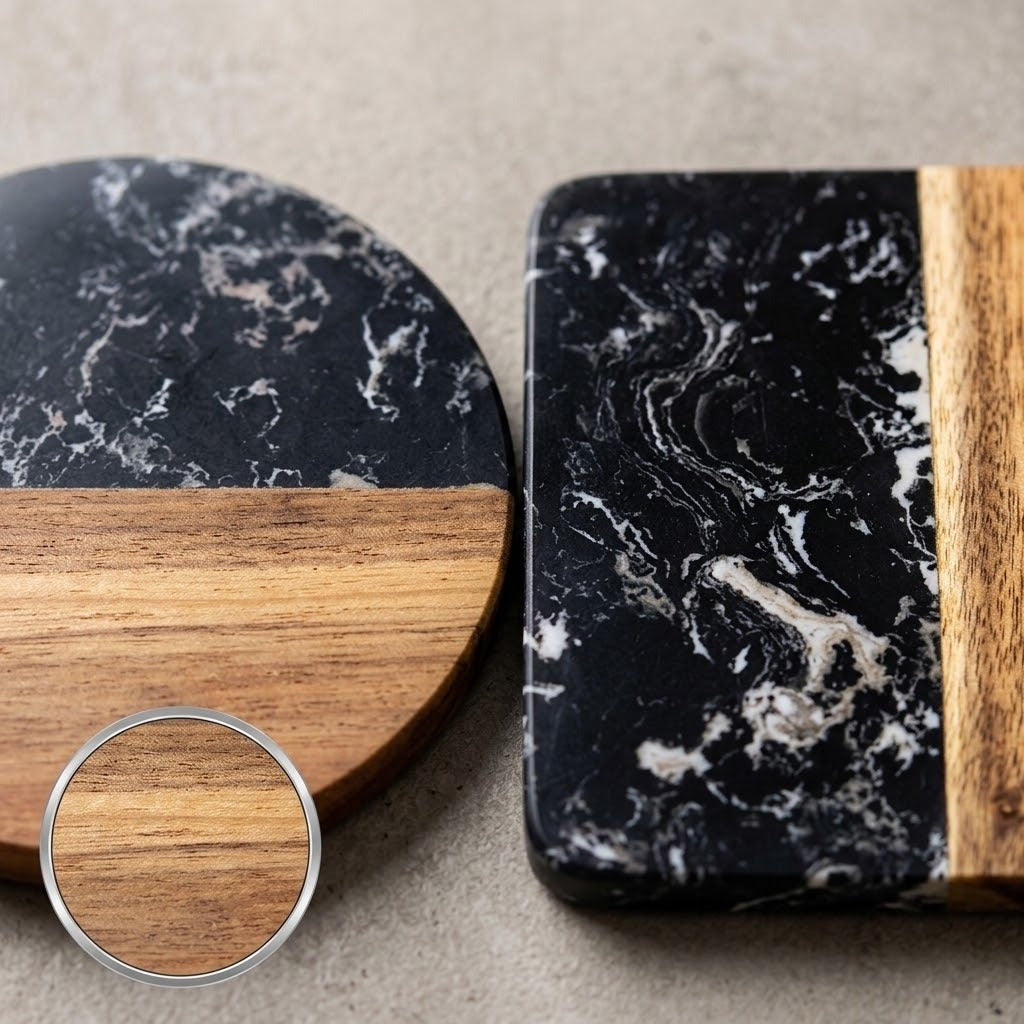Black marble and wood serving boards on a neutral textured surface, with a circular inset showing the wood grain detail.