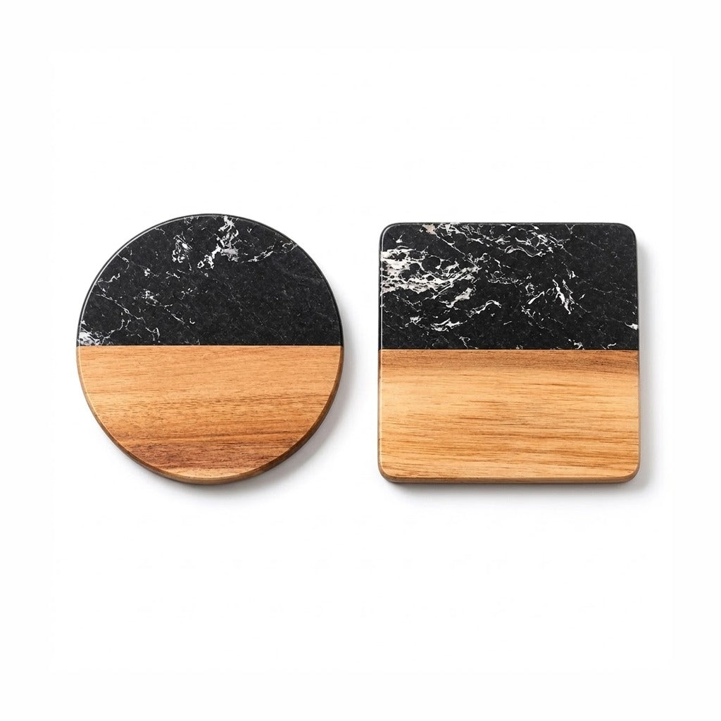 Two coasters on a white background: one round and one square, both split horizontally with a black marble top half and a light natural wood bottom half.