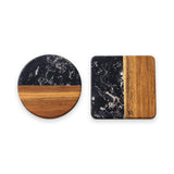 Two decorative coasters on a white background: one round and one square, both featuring a black marble top half and a warm brown wood bottom half.