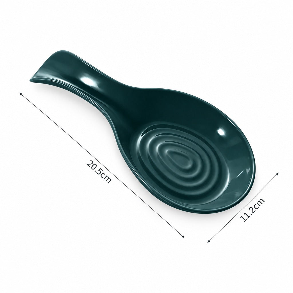 Dark green ceramic spoon rest with dimension markings showing a length of 20.5cm and a width of 11.2cm on a white background.