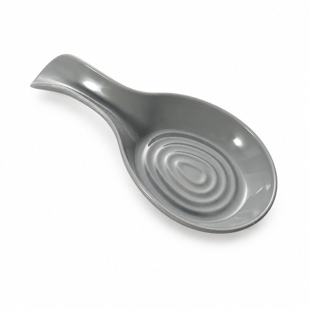 A gray ceramic spoon rest with a glossy finish and concentric ring design in the bowl, shown on a plain white background.