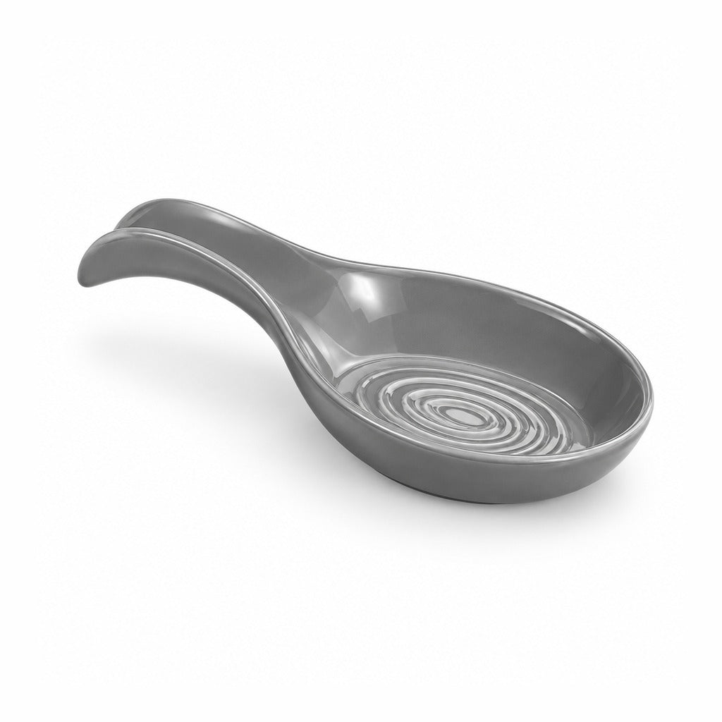 A gray ceramic spoon rest with a spiral pattern inside the bowl, shown on a clean white background.