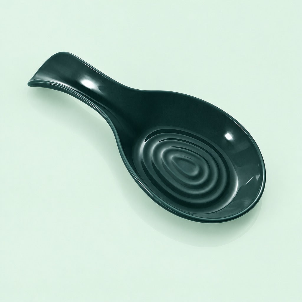 A glossy dark green ceramic spoon rest with a concentric ripple design inside the bowl and a curved handle, shown on a light mint green background.