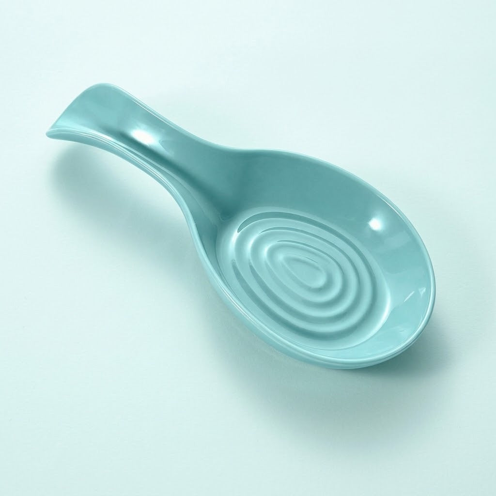A glossy light blue ceramic spoon rest with a spiral pattern inside, shown on a clean, light blue background.