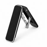 A black folding phone stand with a textured fabric surface and silver metal hinges, shown open on a white background.