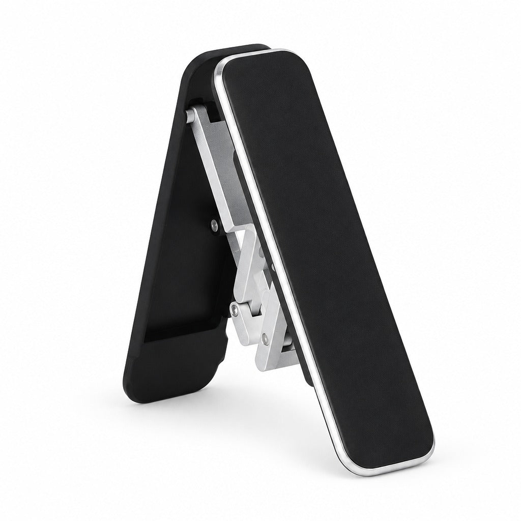 A black and silver adjustable phone stand with a matte black textured front panel and a silver metal hinge mechanism, shown on a clean white background.