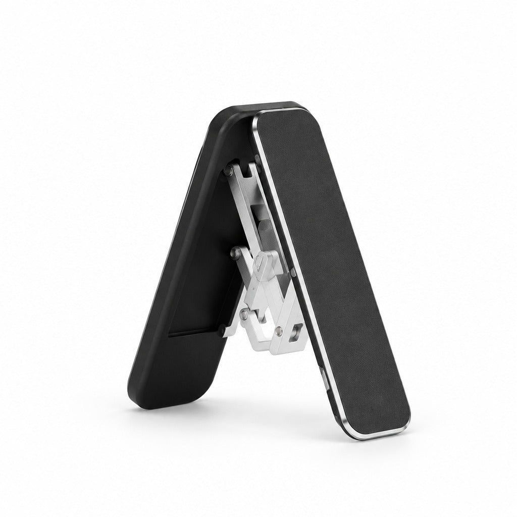 A black and silver folding stand, shown in a partially open position on a clean white background.