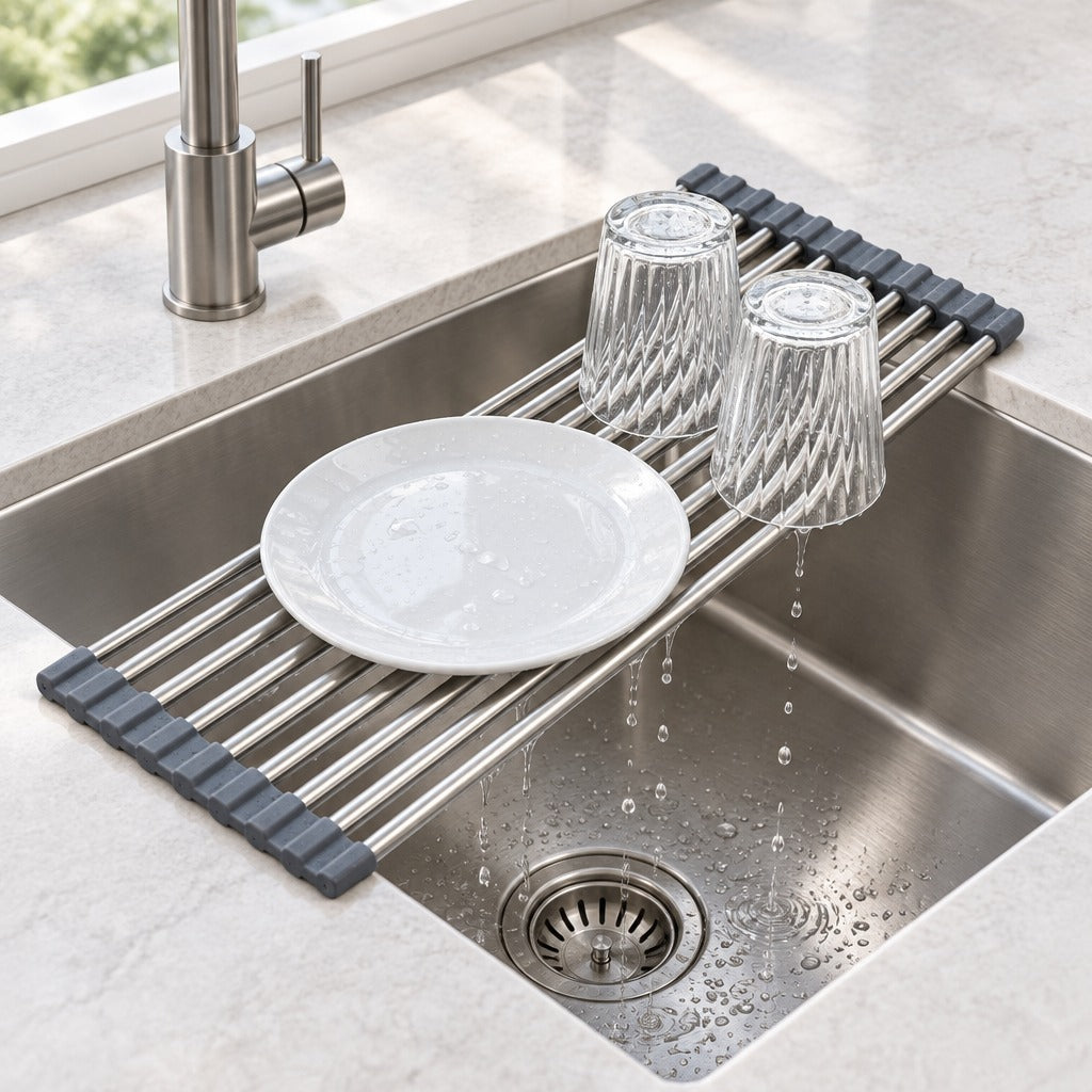 A stainless steel sink drain guard with dark gray silicone end caps, shown in a kitchen sink with a white plate and two clear drinking glasses resting on it, with water dripping into the drain.