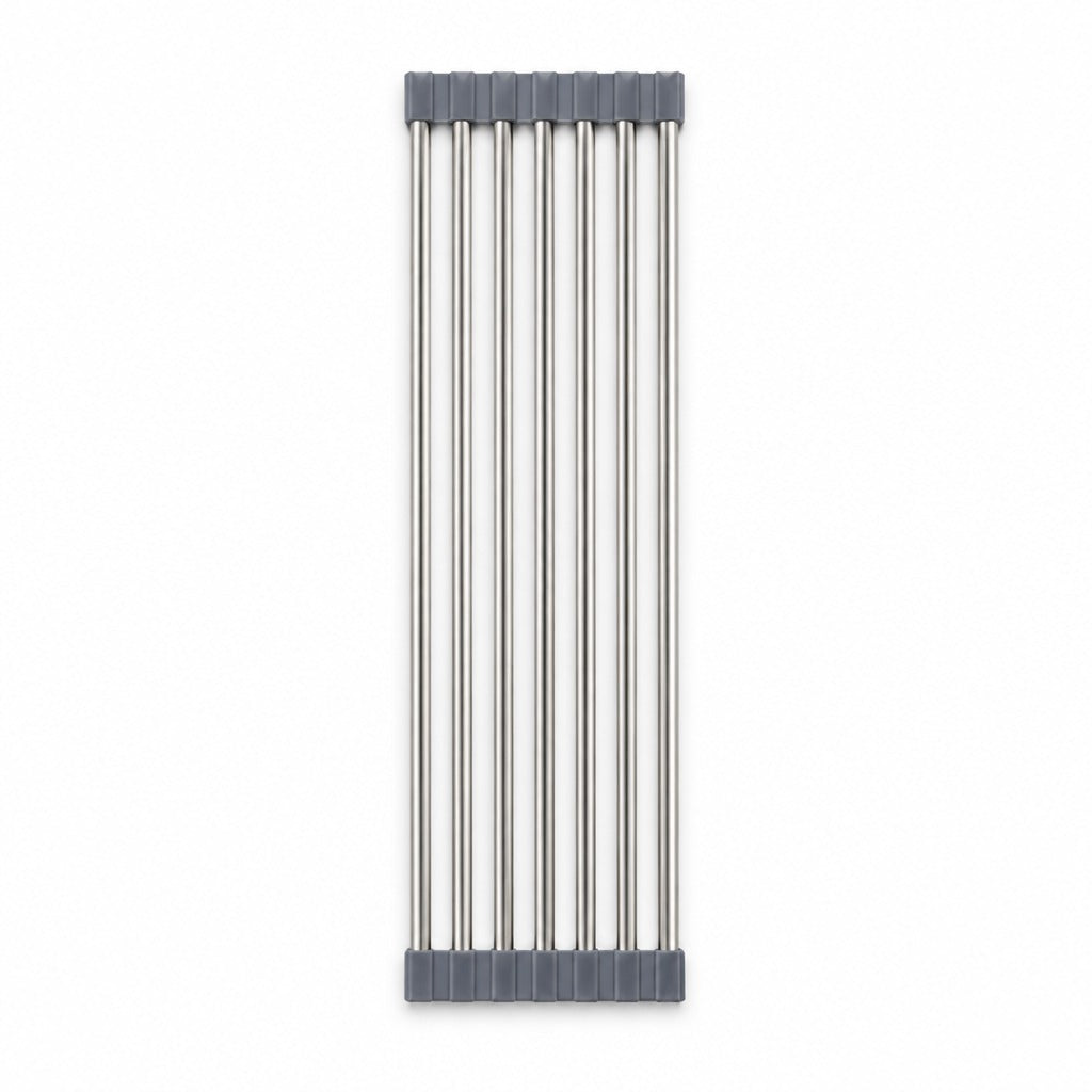 A set of six long, thin silver metal rods with dark gray plastic end caps, arranged vertically on a plain white background.