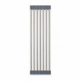 A set of six long, thin silver metal rods with dark gray plastic end caps, arranged vertically on a plain white background.