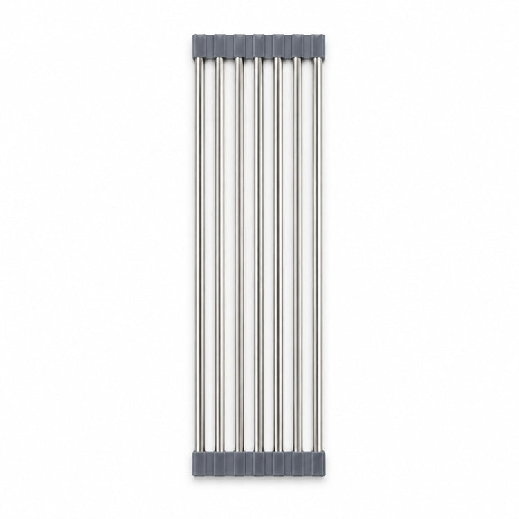 A set of six long, thin silver metal rods with dark gray plastic end caps, arranged vertically on a plain white background.