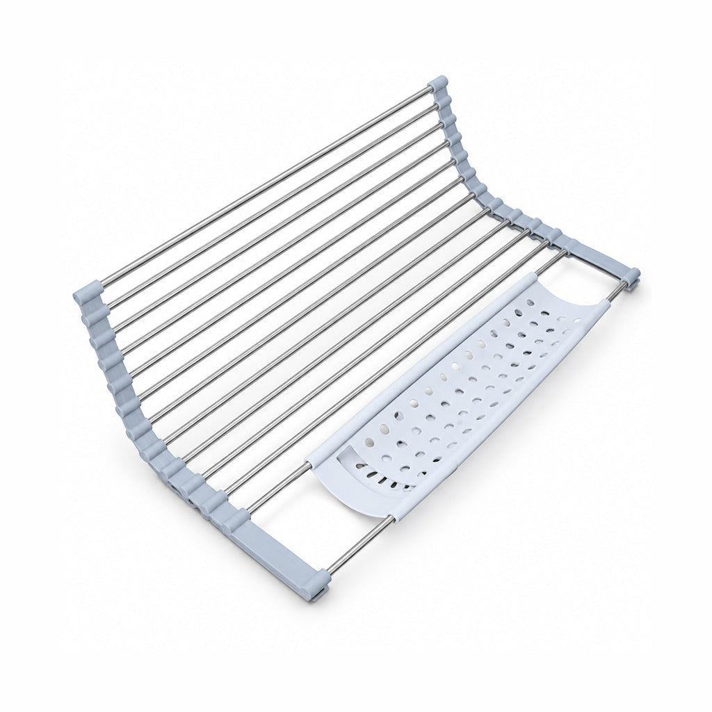 A collapsible stainless steel clothes drying rack with light gray plastic end caps and a matching perforated plastic support panel, shown on a plain white background.