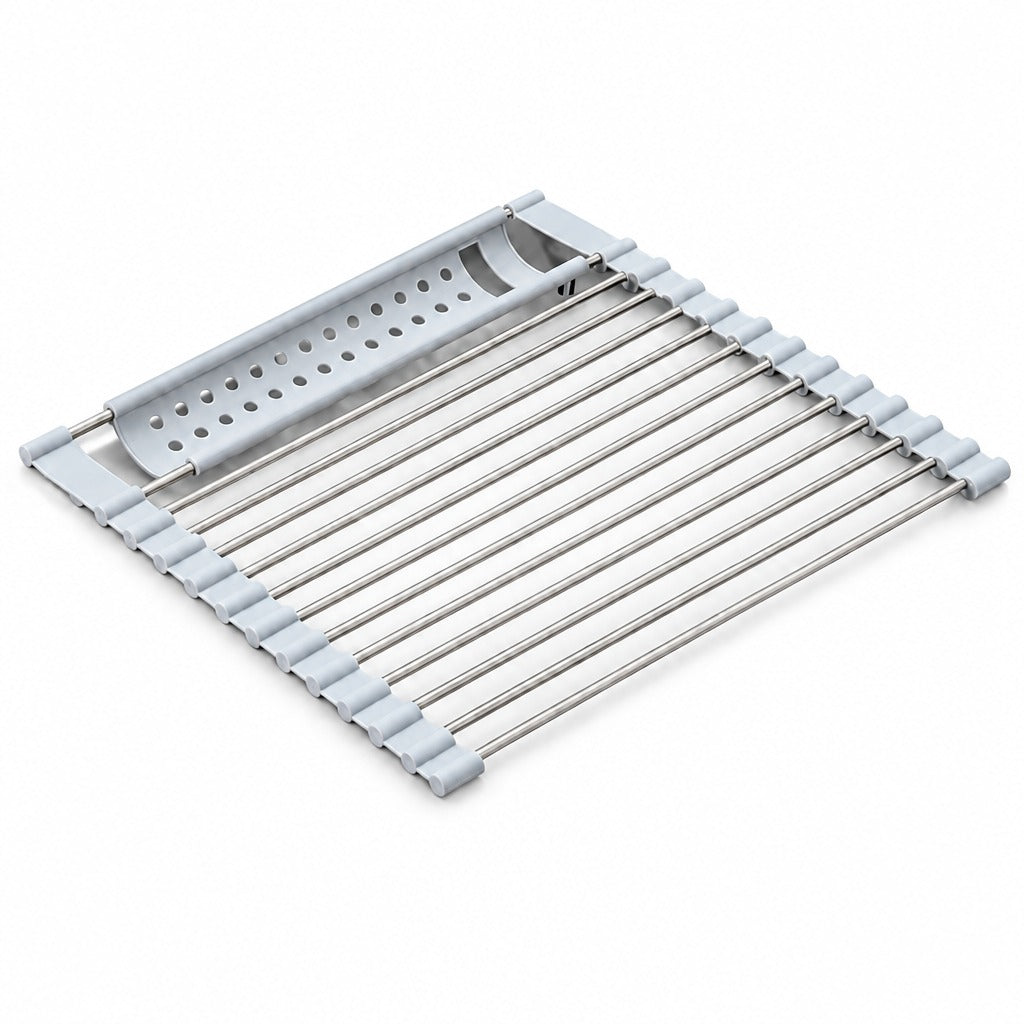 A stainless steel collapsible wire rack with light gray plastic end caps and a perforated metal header, shown on a plain white background.