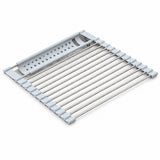 A stainless steel collapsible wire rack with light gray plastic end caps and a perforated metal header, shown on a plain white background.