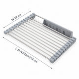 A stainless steel cooling rack with gray plastic end caps and a gray back panel, shown on a white background with dimension arrows and labels indicating width 32 cm and lengths 37/43/45/47/52 cm.