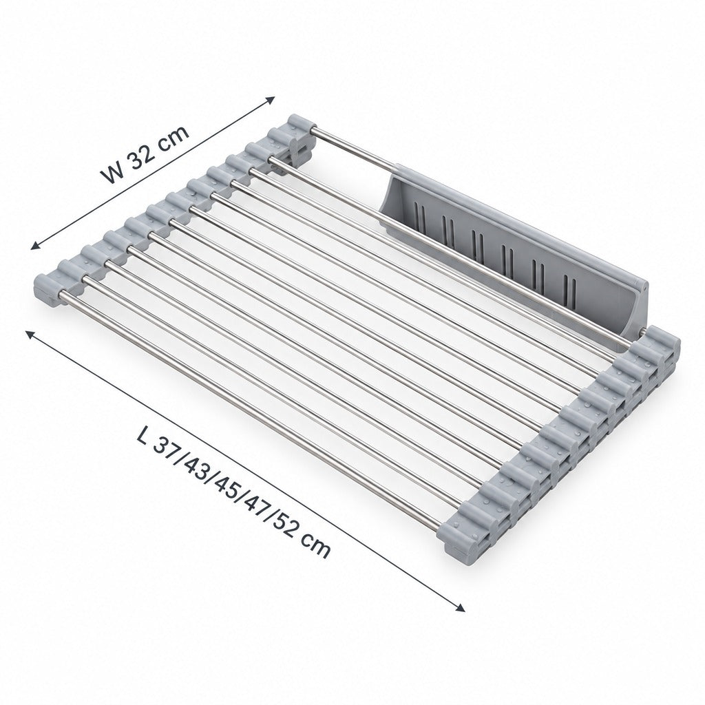 A stainless steel cooling rack with gray plastic end caps and a gray back panel, shown on a white background with dimension arrows and labels indicating width 32 cm and lengths 37/43/45/47/52 cm.