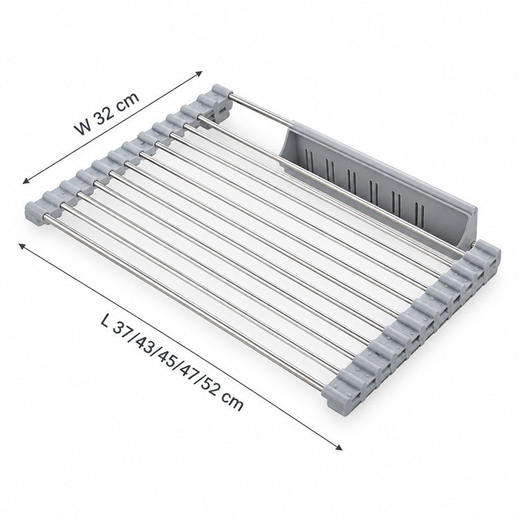 A stainless steel cooling rack with gray plastic end caps and a gray back panel, shown on a white background with dimension arrows and labels indicating width 32 cm and lengths 37/43/45/47/52 cm.