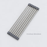 A set of six stainless steel drawer divider rods with gray plastic end caps, shown on a light gray background with a size text overlay.