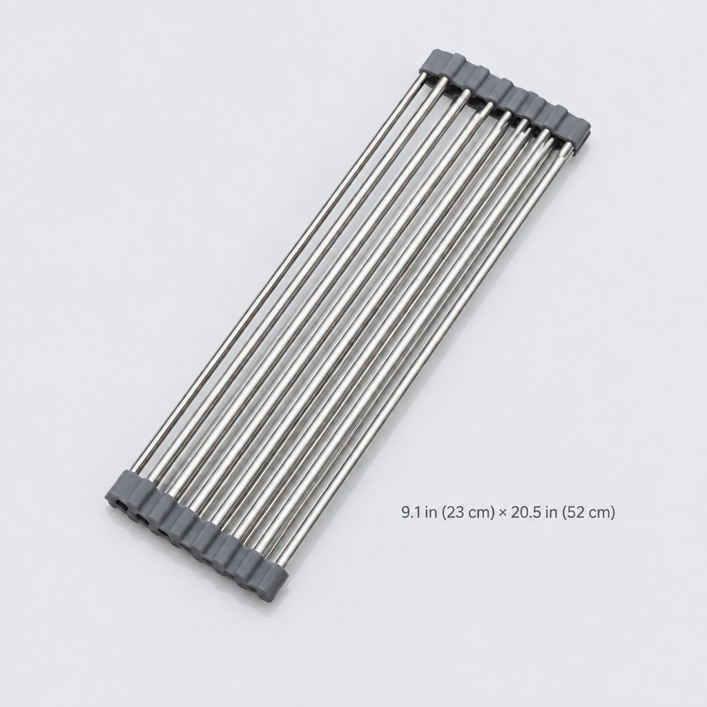 A set of six stainless steel drawer divider rods with gray plastic end caps, shown on a light gray background with a size text overlay.