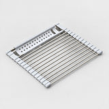 A white and stainless steel collapsible cooling rack or tray with a slotted top section, shown on a light gray background.