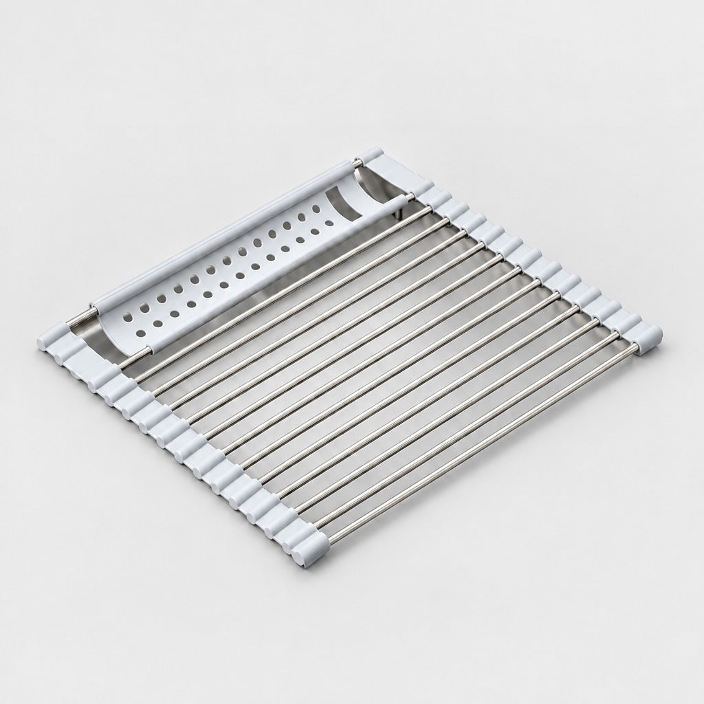 A white and stainless steel collapsible cooling rack or tray with a slotted top section, shown on a light gray background.