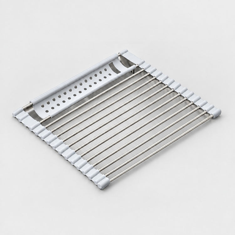 A white and stainless steel collapsible cooling rack or tray with a slotted top section, shown on a light gray background.