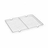A stainless steel wire cooling rack with a rectangular grid design and raised corner supports, shown on a clean white background.