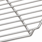 Close-up of a polished stainless steel wire rack with parallel horizontal bars and a vertical support frame, shown on a plain white background.