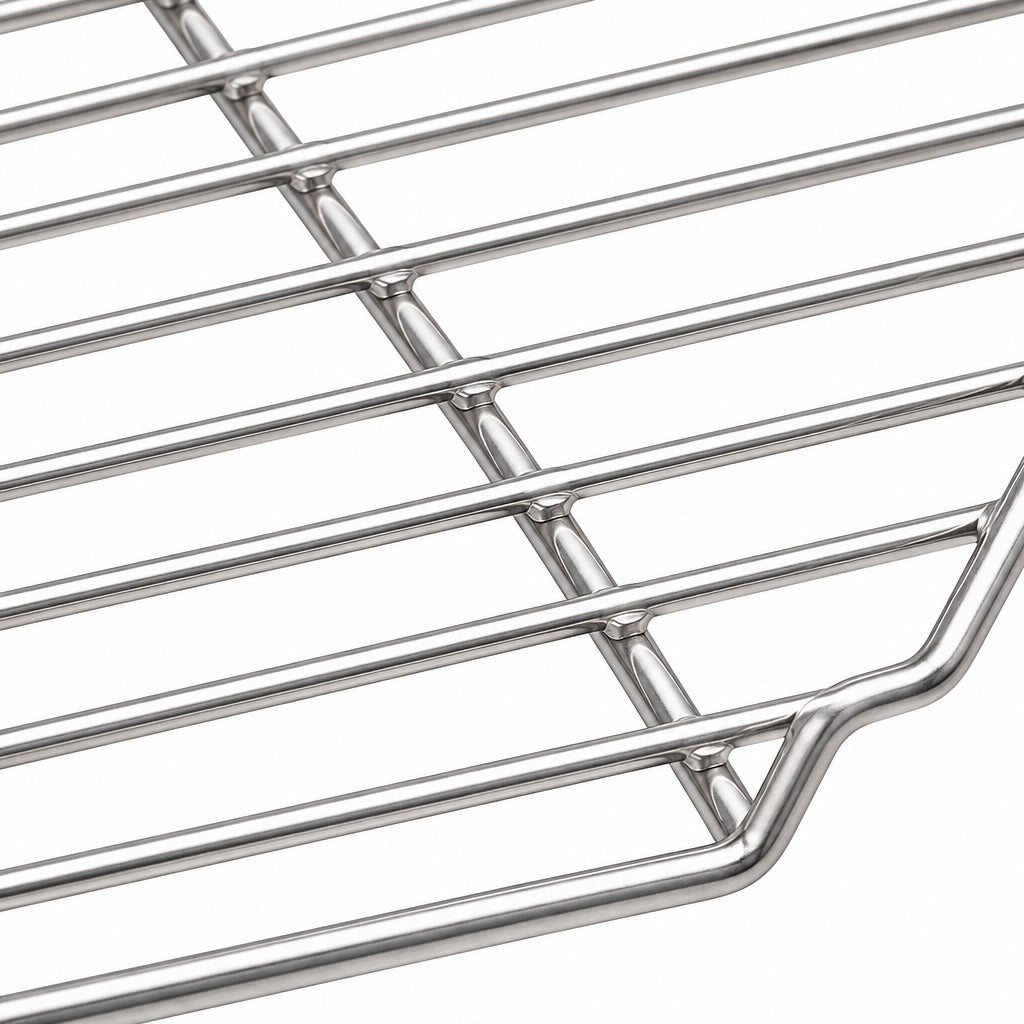 Close-up of a polished stainless steel wire rack with parallel horizontal bars and a vertical support frame, shown on a plain white background.