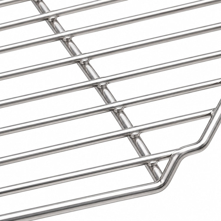 Close-up of a polished stainless steel wire rack with parallel horizontal bars and a vertical support frame, shown on a plain white background.