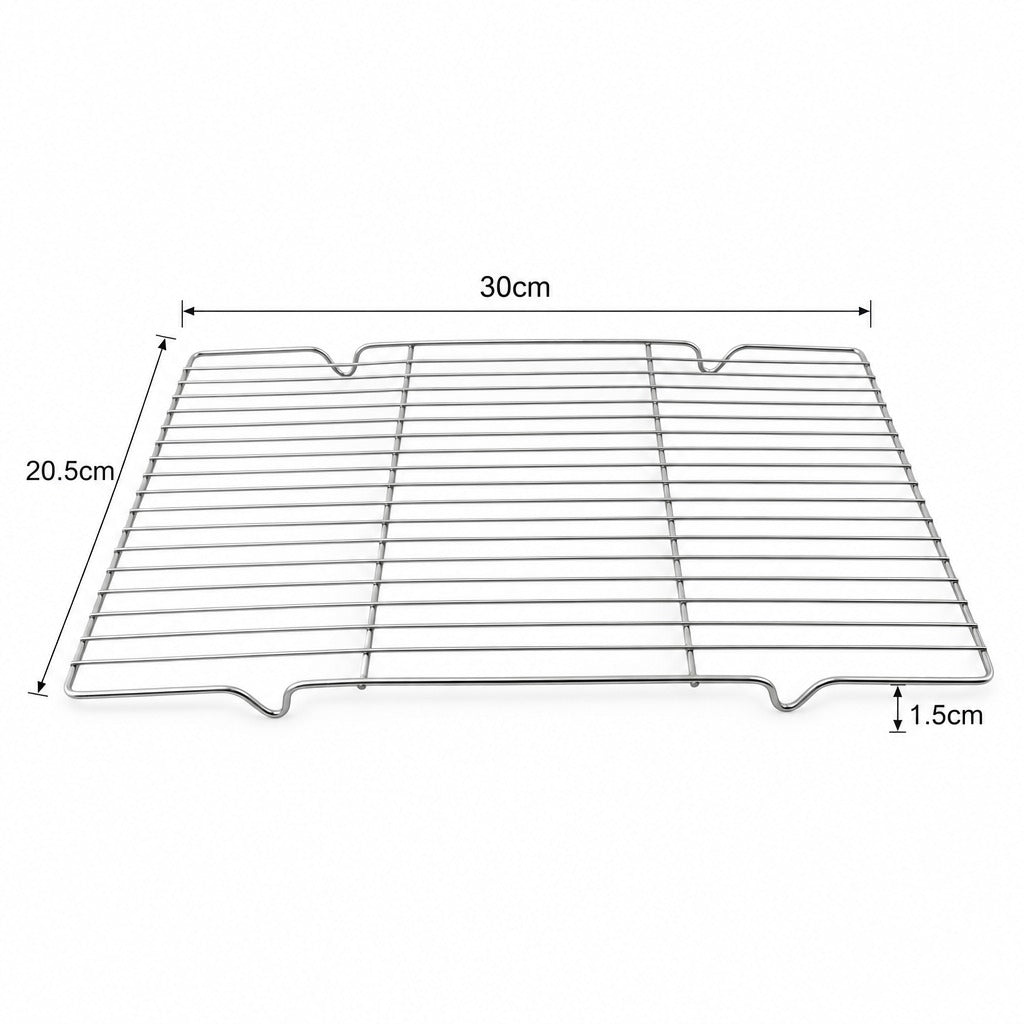 A metal oven rack shown on a white background with dimension annotations indicating 30cm width, 20.5cm height, and 1.