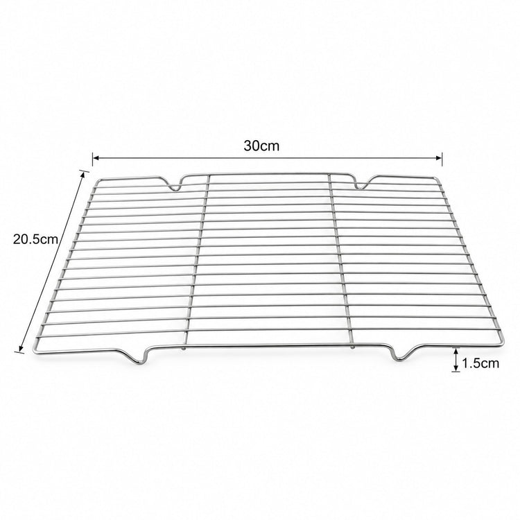 A metal oven rack shown on a white background with dimension annotations indicating 30cm width, 20.5cm height, and 1.