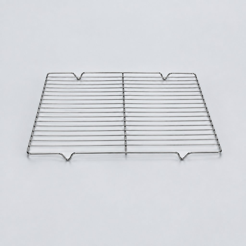 A rectangular stainless steel wire cooling rack with horizontal bars and four small feet at the bottom, photographed on a clean light gray background.