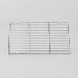 A rectangular stainless steel wire cooling rack with three vertical bars and multiple horizontal wires, shown on a clean light gray background.