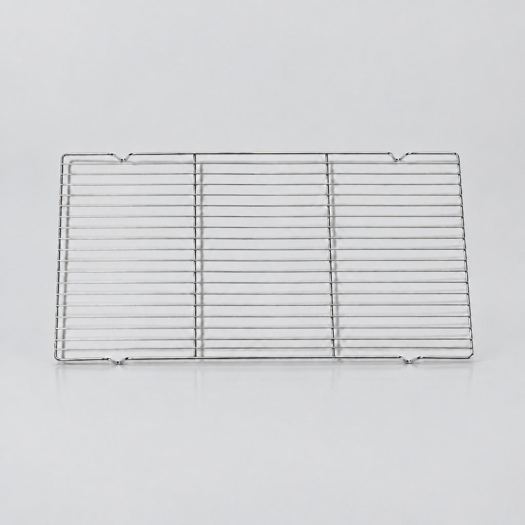 A rectangular stainless steel wire cooling rack with three vertical bars and multiple horizontal wires, shown on a clean light gray background.