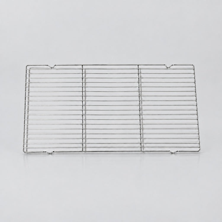 A rectangular stainless steel wire cooling rack with three vertical bars and multiple horizontal wires, shown on a clean light gray background.