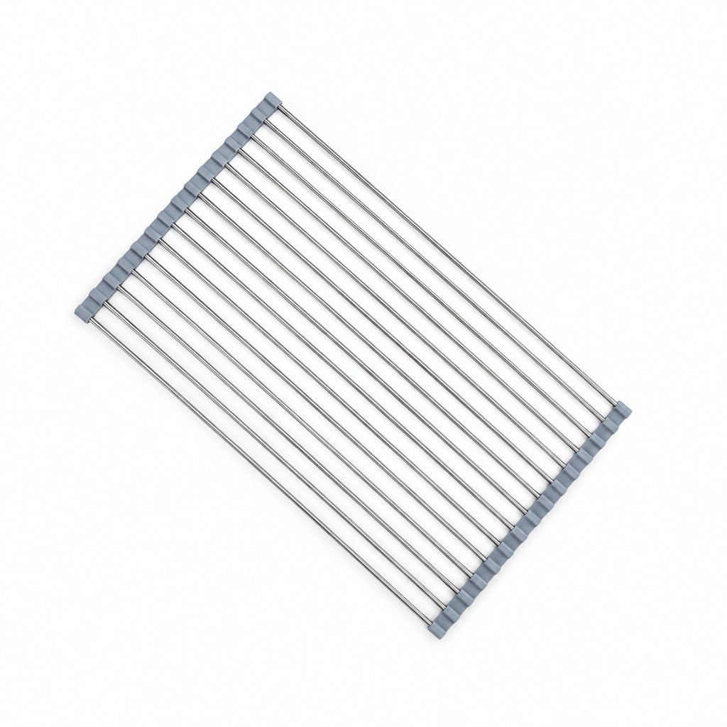 A metal collapsible wire drying rack with gray plastic end caps, shown on a plain white background.