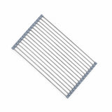 A metal collapsible wire drying rack with gray plastic end caps, shown on a plain white background.
