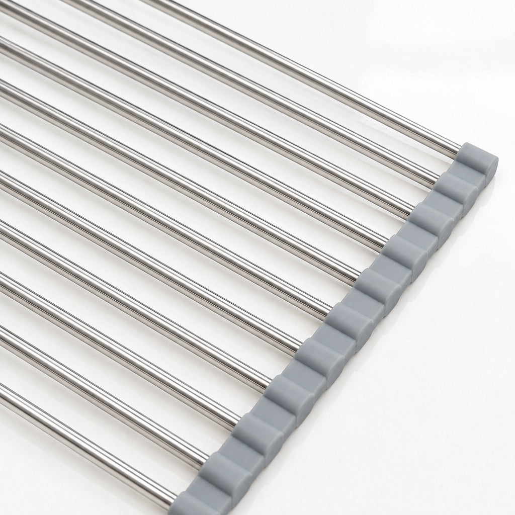 A close-up of a set of stainless steel cooling rods with gray plastic end caps, arranged diagonally on a white background.