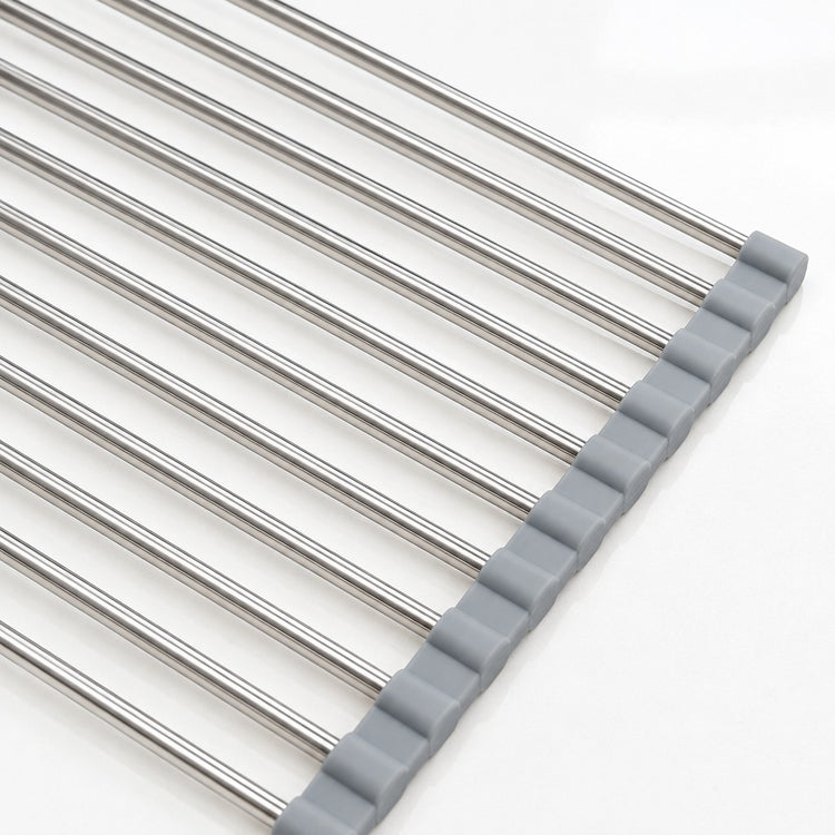 A close-up of a set of stainless steel cooling rods with gray plastic end caps, arranged diagonally on a white background.