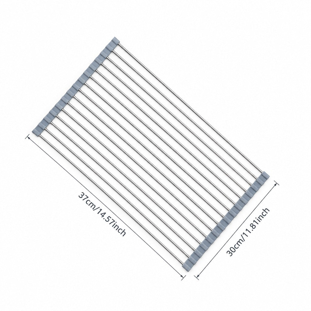 A diagonal view of a stainless steel clothes rack with gray corner brackets, annotated with dimensions of 37cm by 30cm.